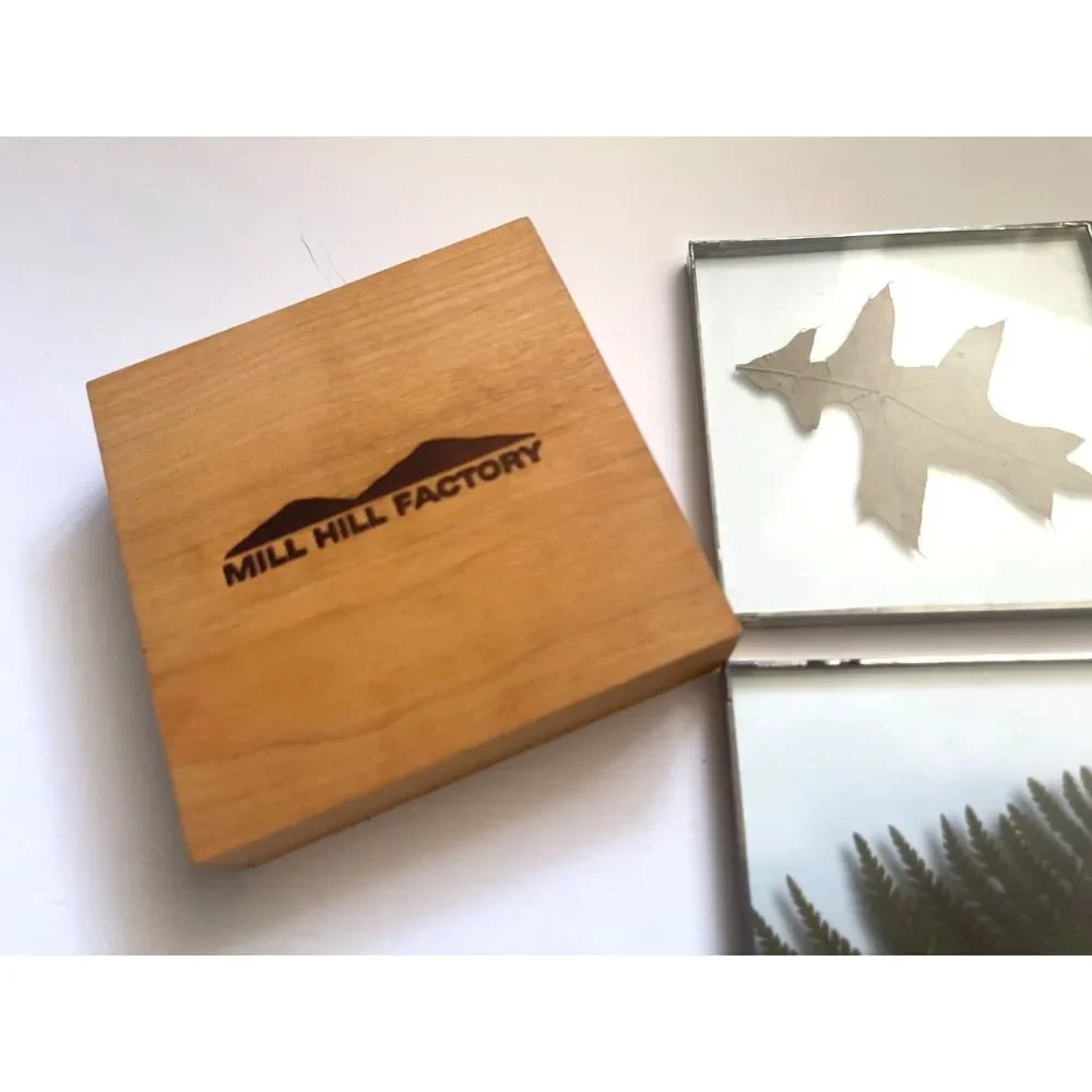 Mill Hill Silver & Pressed Leaves Boho Leaded Glass Coasters set of 4 Wood Stand
